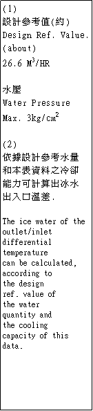 r: (1) 
]pѦҭ()
Design Ref. Value.
(about)
26.6 M3/HR


Water Pressure 
Max. 3kg/cm2

(2)
̾ڳ]pѦҤq
MƤNo
OipXB
XJfŮt.

The ice water of the
outlet/inlet
differential
temperature
can be calculated,
according to
the design
ref. value of
the water
quantity and
the cooling
capacity of this data.